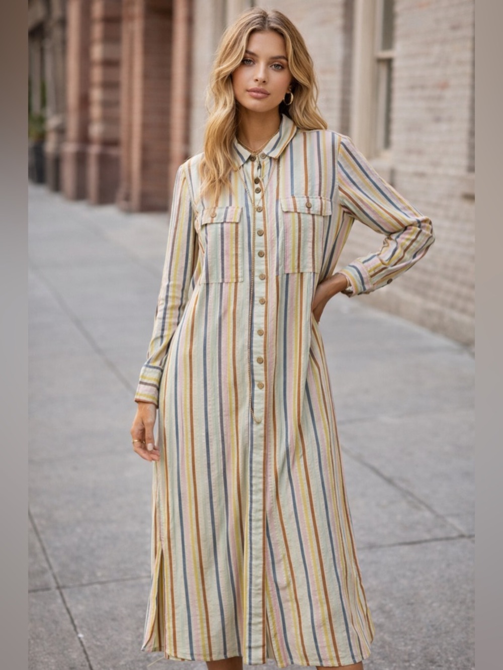We The Free Striped Button-Front Maxi Shirt Dress in Cream, Yellow, Pink & Blue
